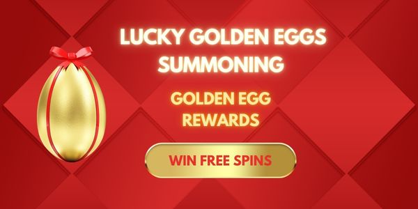 Red promotional artwork with a gold egg and free-spins wording